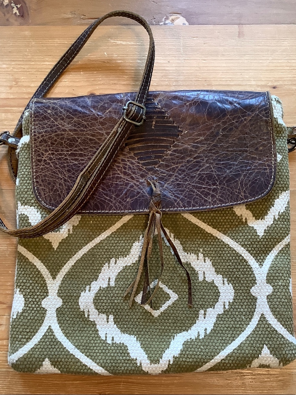 Myra Bag Leather Green Aztec Print Crossbody Flap Bag